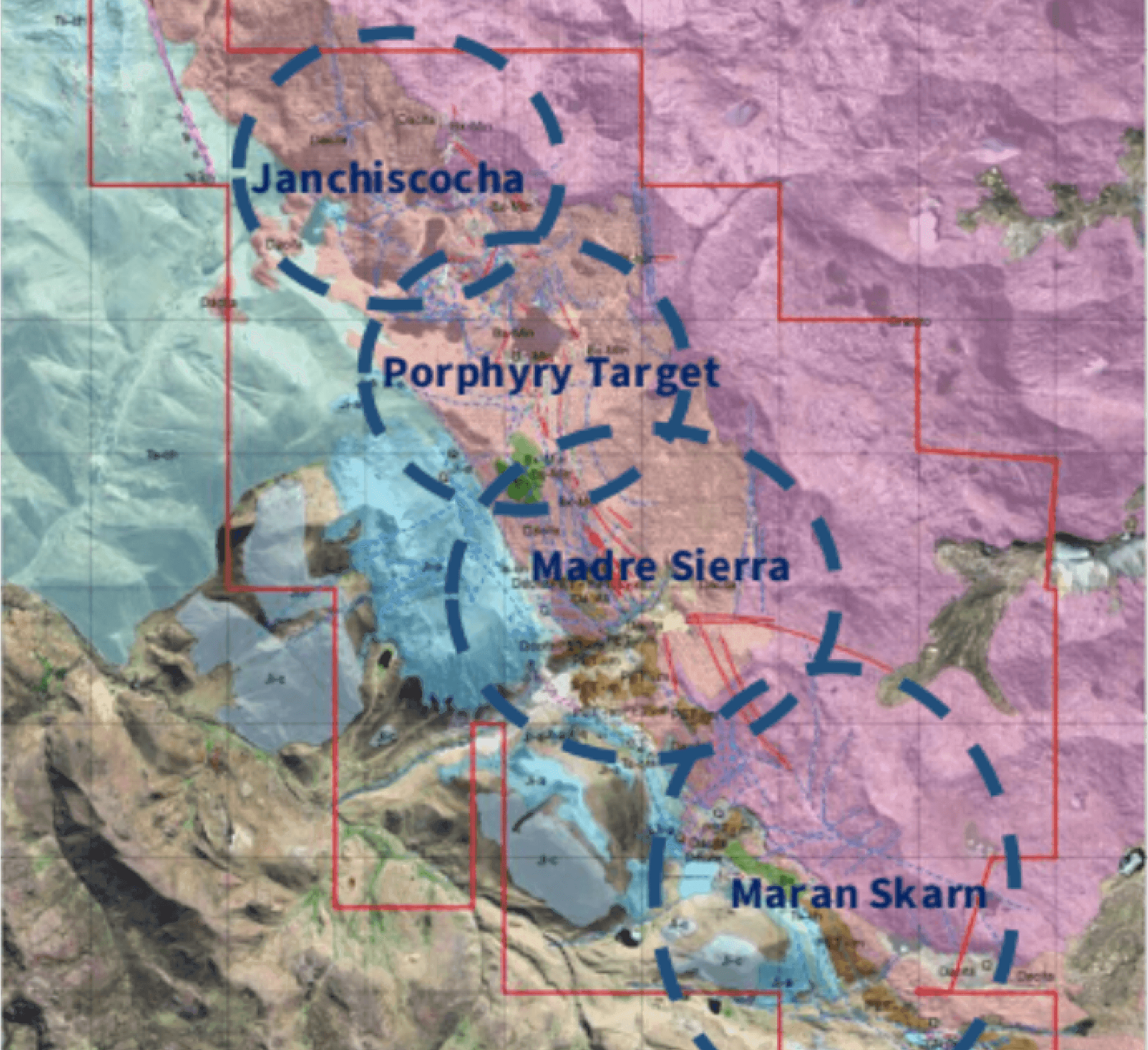 Geological map of the Madre Sierra concession showing Janchiscocha, Porphyry Target, Madre Sierra, and Maran Skarn zones