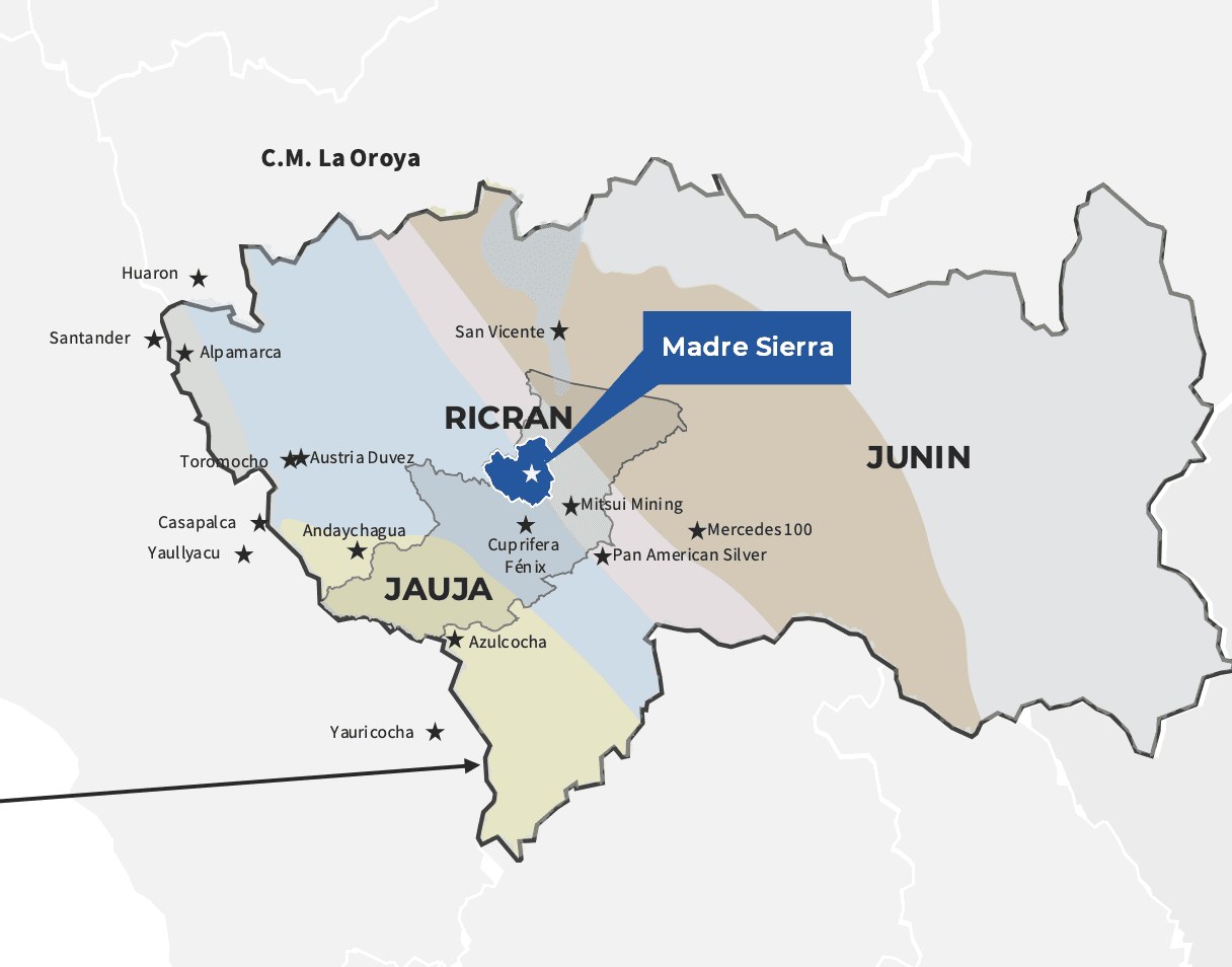 Regional map of central Peru showing the Madre Sierra concession in the Ricran district of the Junín region, with neighboring mining operations including Casapalca, Toromocho, Yauricocha, and Pan American Silver
